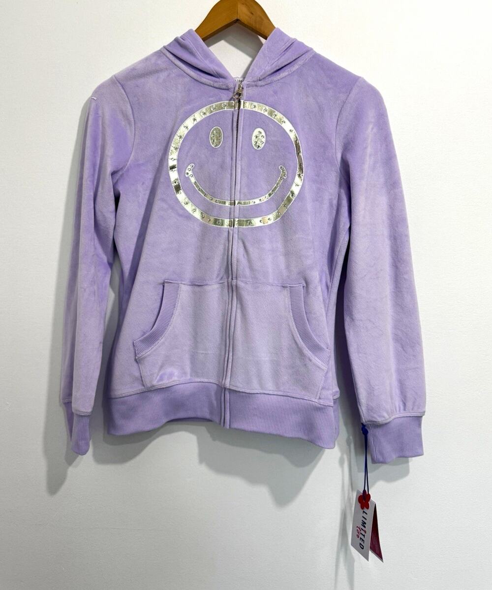Limited Too Girls XL Purple Velour Full Zip Hoodie Pockets Smiley Graphic #1061
